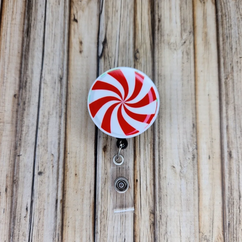 Peppermint Christmas Belt Clip Badge Reel‎ Name Tag Holder Nurse